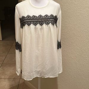 Twinset Women's XL Long Sleeve Lace Applique Blouse Cream Black Feminine Office